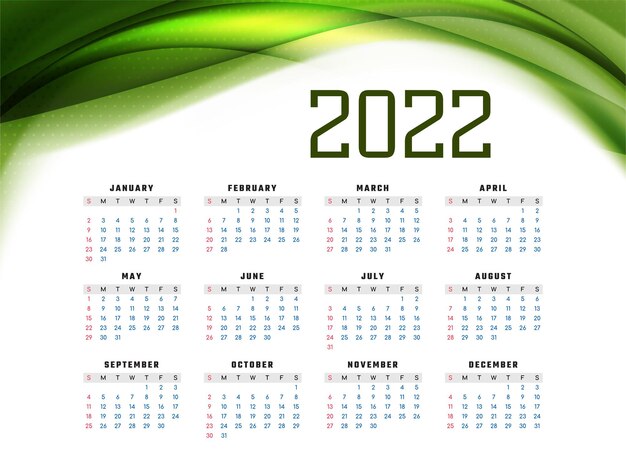 Vettore moderno di progettazione del calendario del nuovo anno 2022 dell'onda verde