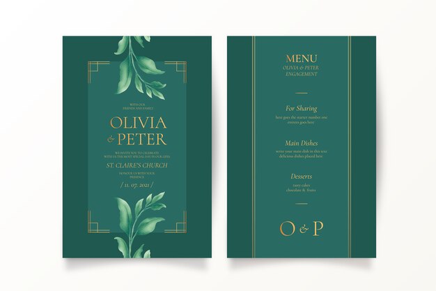 Зеленое свадебное приглашение и шаблон меню