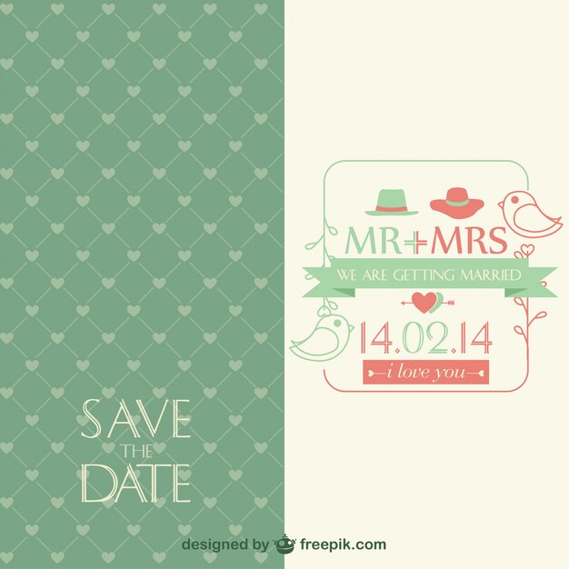 Green wedding invitation with little birds