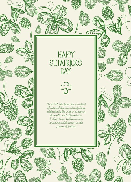 Green and white square frame sketch greeting card with many traditional elements around the text about st. patricks day