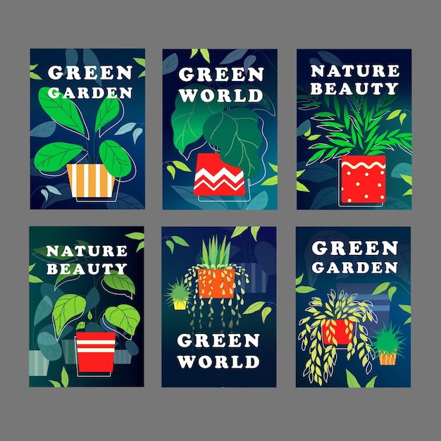 Green world card design set. houseplants, home plants in pots vector illustration with text samples