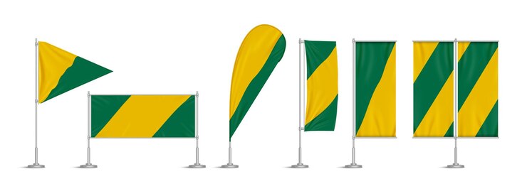 Free Vector green and yellow vinyl flags and banners on pole