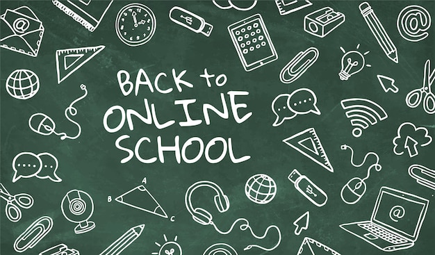 Зеленая доска обратно в онлайн-школу с нарисованными вручную элементами