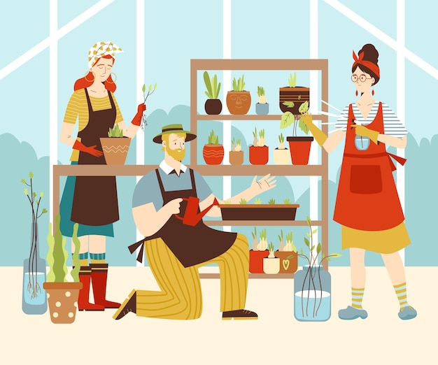 Greenhouse or flower shop with people grow plants flat vector illustration