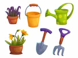 Free vector greenhouse garden rake shovel and flower vector