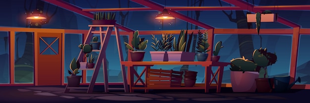 Free vector greenhouse interior at night with potted plants