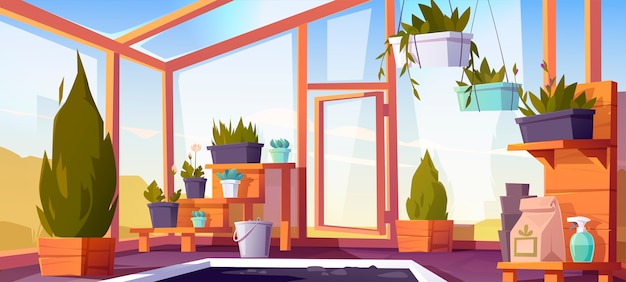 Greenhouse interior with potted plants on shelves. empty winter garden, orangery with glass walls, windows, roof and stone floor, place for growing flowers, inside view. cartoon illustration