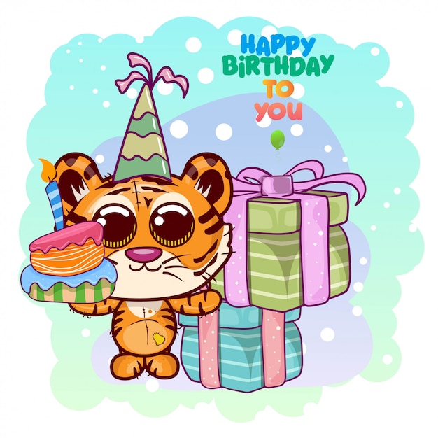 かわいい虎とグリーティングの誕生日カード イラスト プレミアムベクター