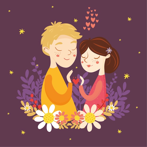 Бесплатное векторное изображение Открытка на день святого валентина. влюбленная пара. мальчик и девочка, сердце, любовь