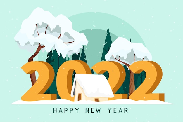 The Greeting card of New year with number 2022 and house cover with snow in winter, lettering happy new year, vector illustration