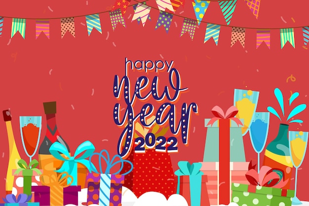 The greeting card of new year with number 2022 and lettering, celebrated with prsent box and beverage, decorated with lovely flag, vector illustration