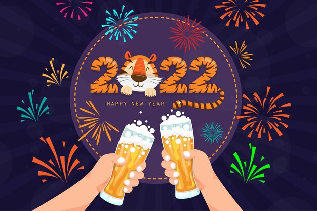 The greeting card of new year with number 2022 and lettering happy, hands holding beer mug raised to celebrate with drink, firework on background, vector illustration