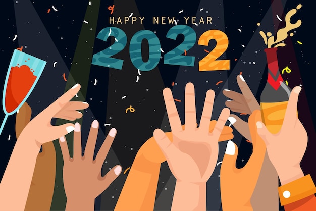 Free vector the greeting card of new year with number 2022 and lettering happy and many hand raising up to celebrate with beverage, vector illustration