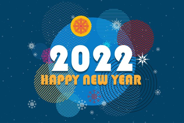 The greeting card of new year with number 2022 and lettering happy new year and snowflake on blue background, vector illustration