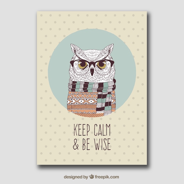 Free vector greeting card of owl with sweater and scarf