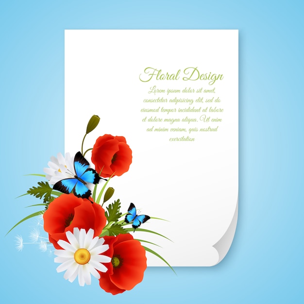 Greeting card paper sheet with text template and floral decoration