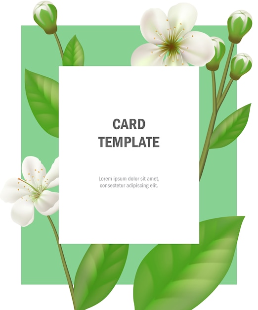 Free vector greeting card template with apple flowers on green frame. party, event, celebration.