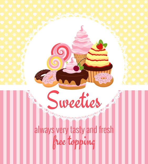 Free vector greeting card template with retro patterns of yellow polka dots and pink stripes around a round frame with desserts
