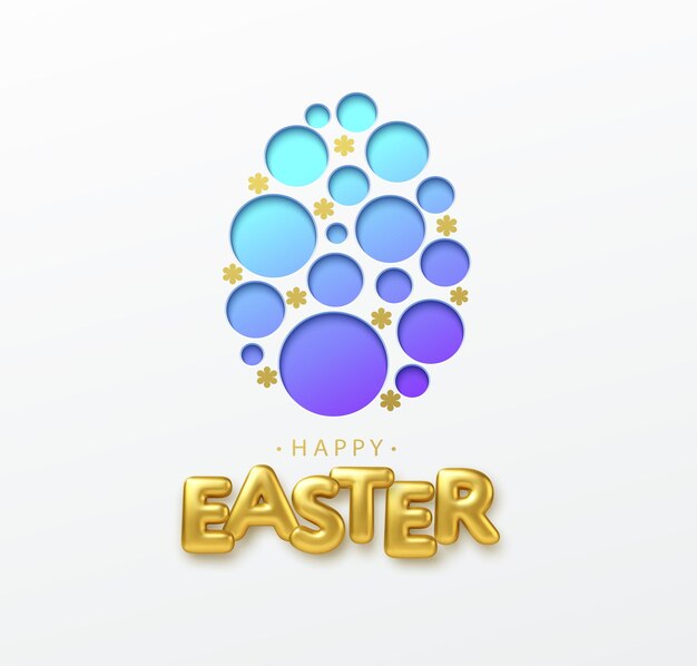 Поздравительная открытка с реалистичной золотой надписью 3D Happy Easter и пасхальным яйцом вырезки из бумаги. Векторная иллюстрация Eps10