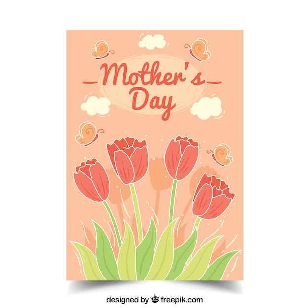 Free vector greeting card with flowers and butterflies for mother's day