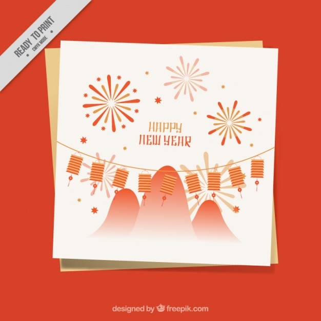 Greeting card with lanterns and fireworks for chinese new year