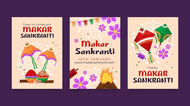 Vettore gratuito collezione di biglietti di auguri per la celebrazione della festa di makar sankranti