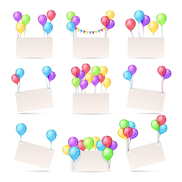 Шаблоны поздравительных открыток с цветными воздушными шарами и пустыми баннерами для приглашения на день рождения.