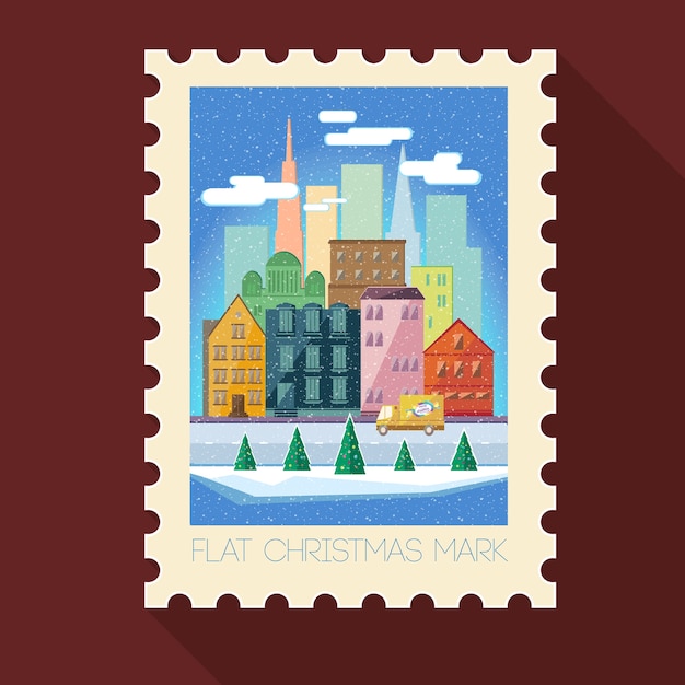 Free vector greeting christmas stamp with winter cityscape and truck in flat style on brown