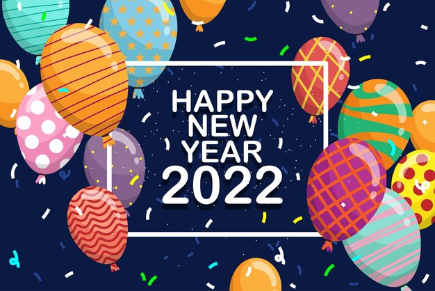 The Greeting New year card 2022 and lettering happy New Year and celebrate decoration with colorful balloons and confetti on background,  vector illustration