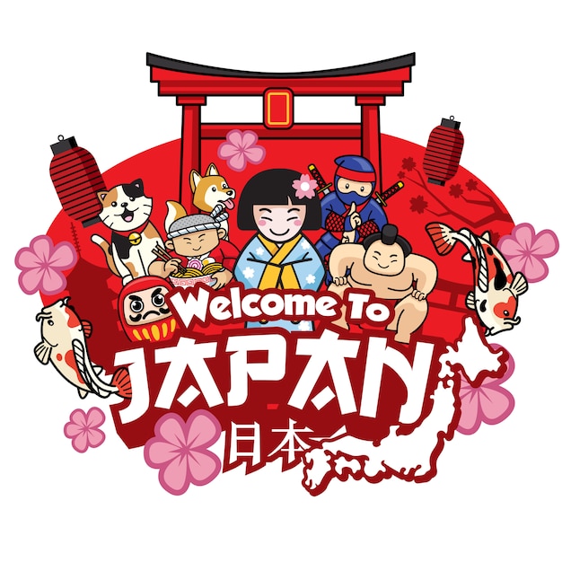 Greeting welcome to japan with cute style cartoon