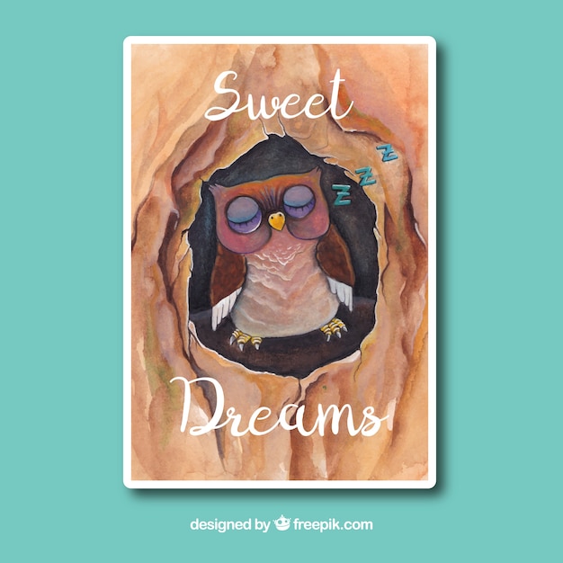 Free vector greeting with cute watercolor owl sleeping