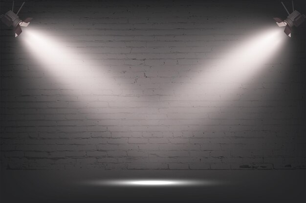 Серая кирпичная стена с прожекторным каменным фоновым светом от двух ламп на бетонной текстуре Уличный фонарь или сцена для шоу на выставке или в музее обоев