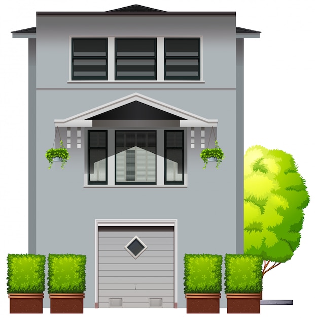 Free vector grey house with plants and tree