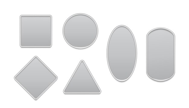 Серый набор шаблонов макета металлических значков с ценой или этикеткой Пустые карточки для подарков или продаж различной формы круглого прямоугольника, квадрата, треугольника и овала на белом фоне