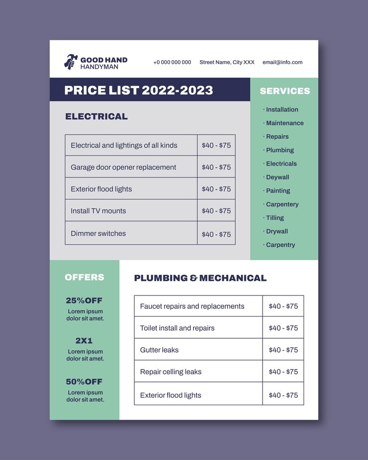 Free Vector grid handyman price list