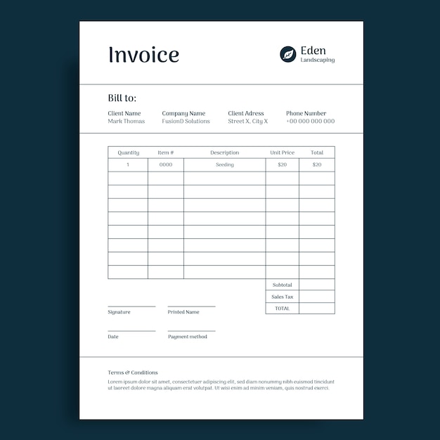 Free vector grid monocolor landscaping invoice