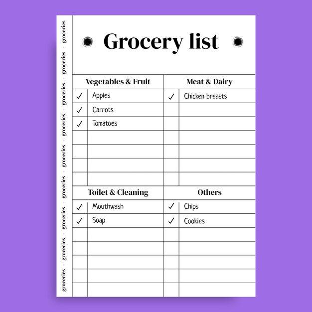 Grid organized grocery list