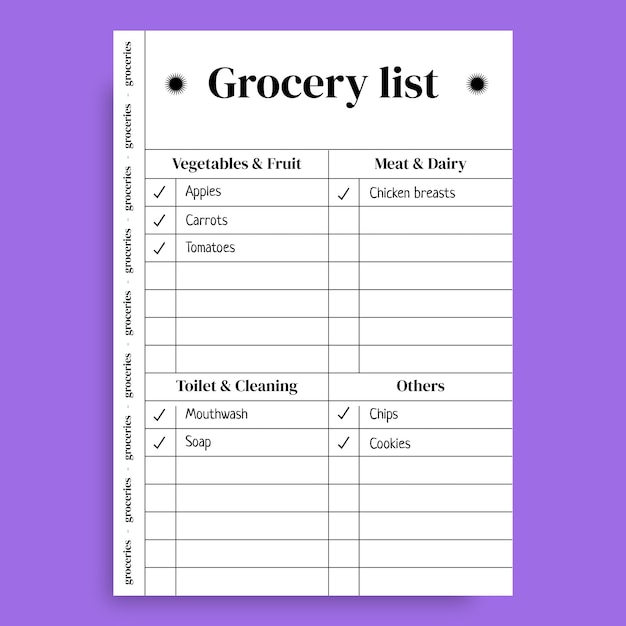 Grid organized grocery list