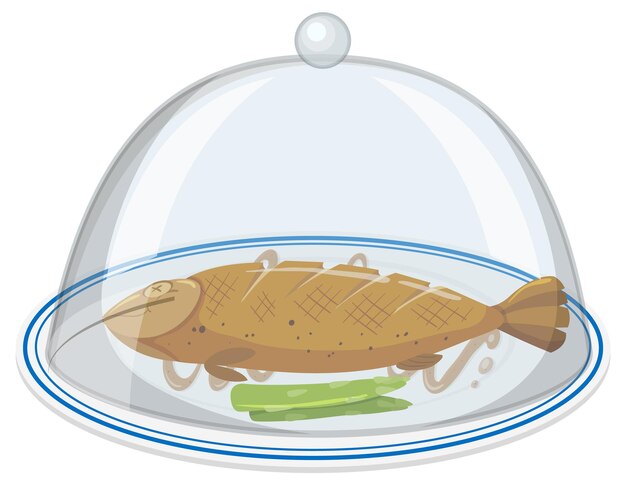 Grilled fish on round plate with glass cover on white background