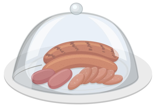 Жареные колбаски на круглой тарелке со стеклянной крышкой на белом фоне