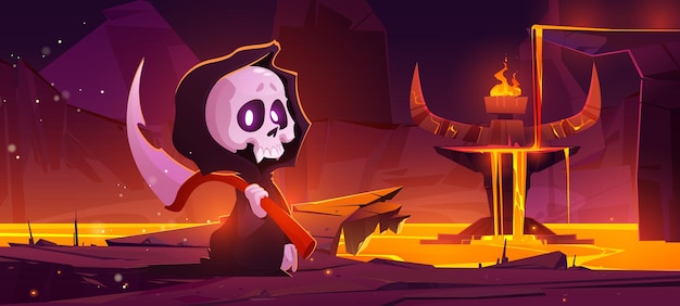 Grim reaper with scythe in hell Halloween scene