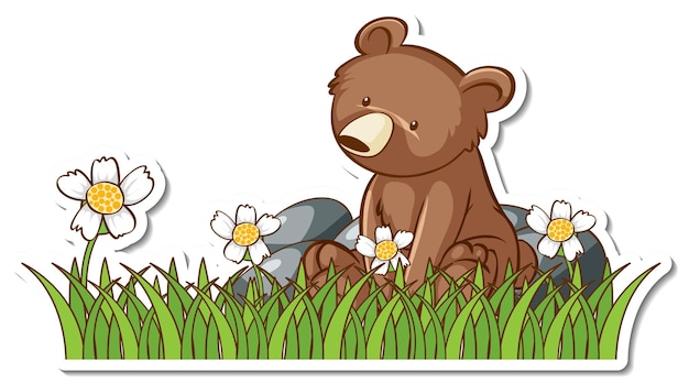 Free vector grizzly bear sitting in a grass field sticker