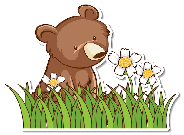 Free vector grizzly bear sitting in a grass field sticker