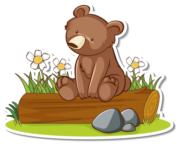 통나무 위에 앉아 있는 회색곰 스티커