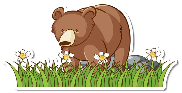 Медведь гризли, стоящий в траве, наклейка