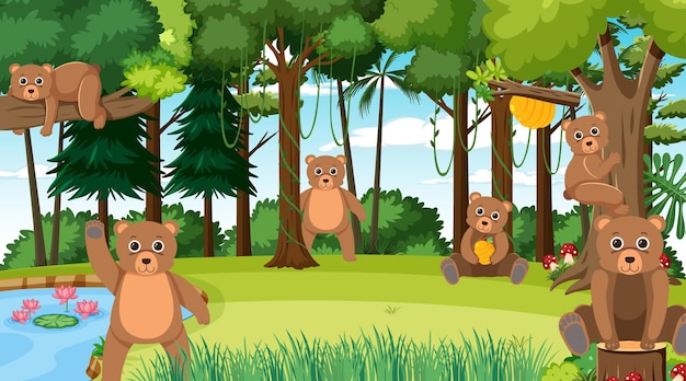 Grizzly bears in the forest scene