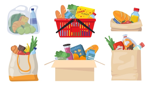 Grocery bags set. Plastic and paper packages, supermarket basket with food packs, cans, bread, milk products. Flat vector illustrations for shopping, food delivery, charity concept.
