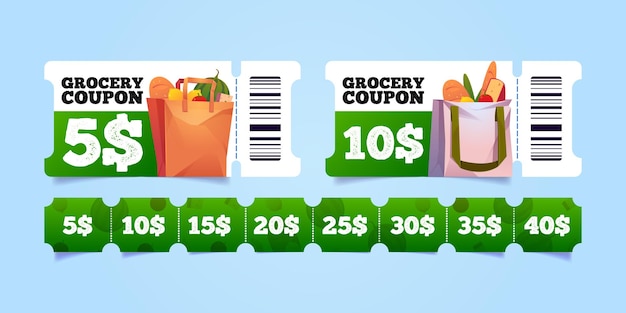 Бесплатное векторное изображение Купоны продуктового магазина с едой в сумках