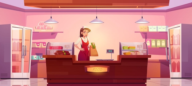 Grocery shop with woman seller holding paper package with\
products at vendor stall with various food at showcase. saleswoman\
in uniform stand at cashier desk of minimarket, cartoon vector\
illustration