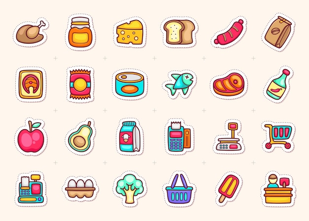 Free vector grocery sticker icons doodle coloring vector